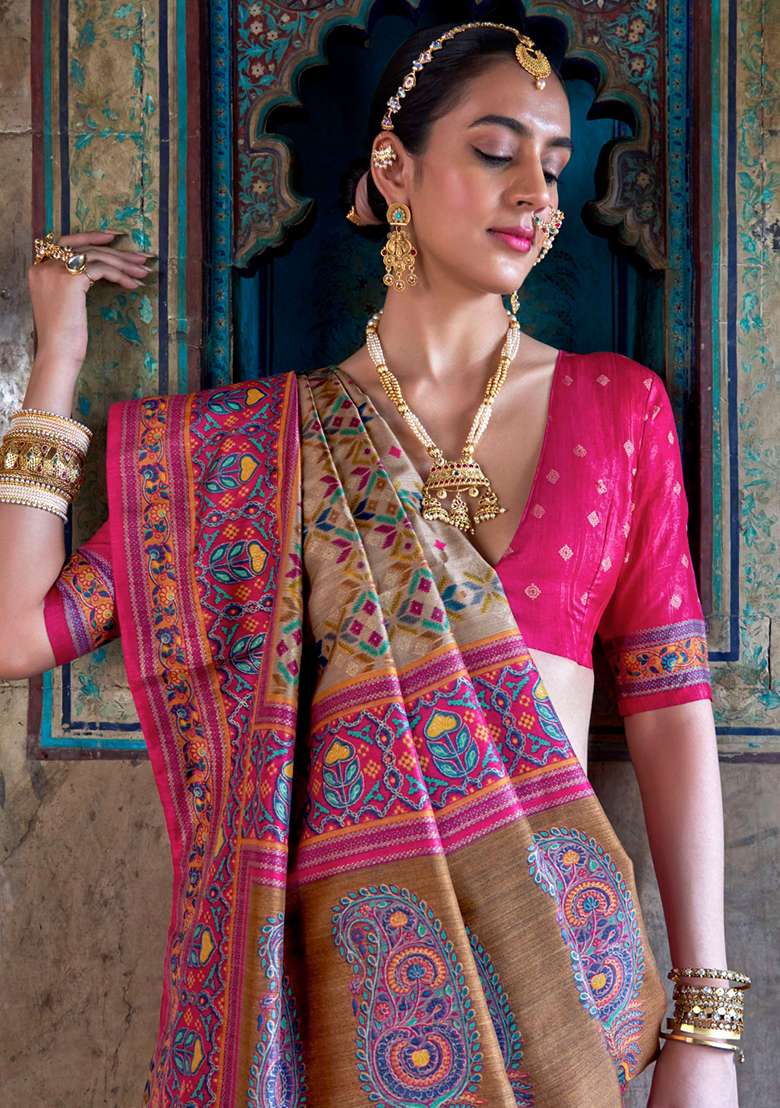 Brown Embroidered Silk Blend Saree Set - Indya